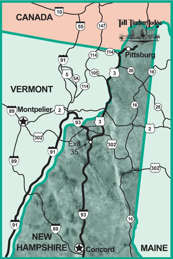 Map to Tall Timber Lodge, Pittsburg NH
